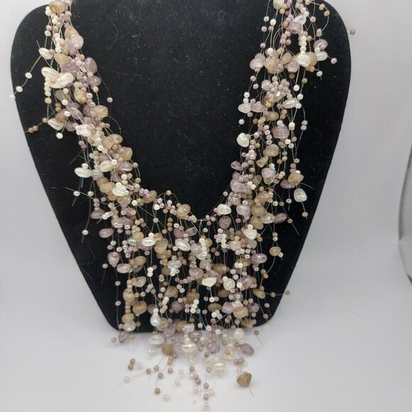 Incredible Illusion Necklace vintage pearls stones and crystal beads beige mauve - Picture 7 of 8